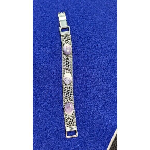Vintage Silver Tone Mesh Bracelet with Purple White Cabachons - Picture 3 of 9